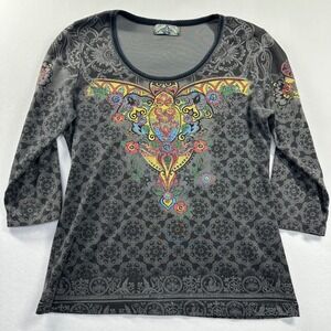 Vtg Y2K Vanilla Sugar Damask Embellished Top Sz L Gray Graphic Tattoo 3/4 Sleeve